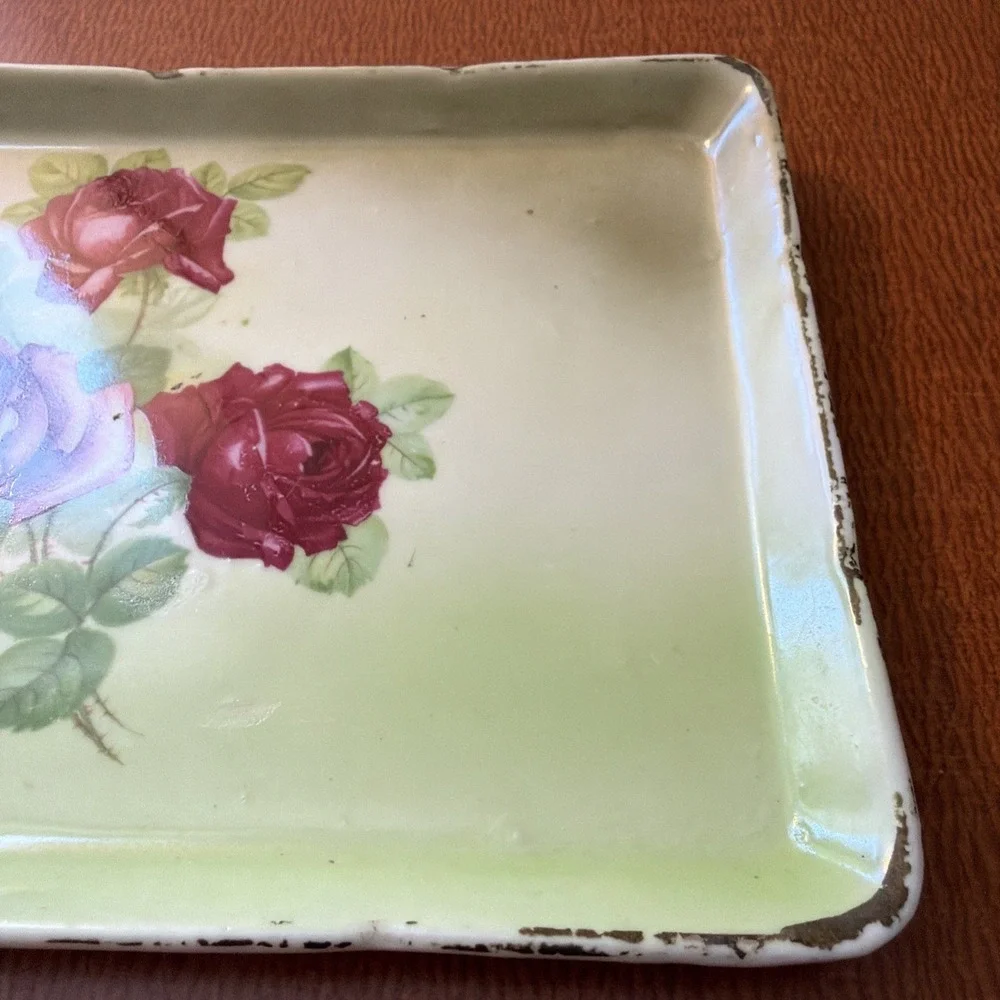 Vtg Painted Vanity Tray From Austria Pink Roses Gold Trim 8.5